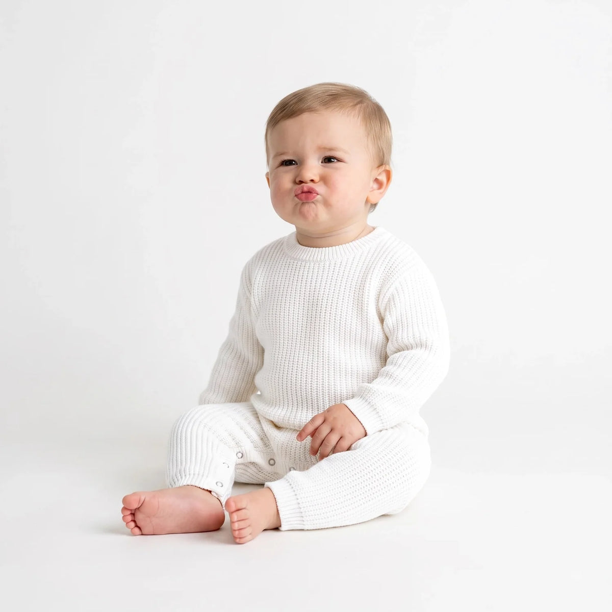Baby wearing a white knit romper with snap-closure legs