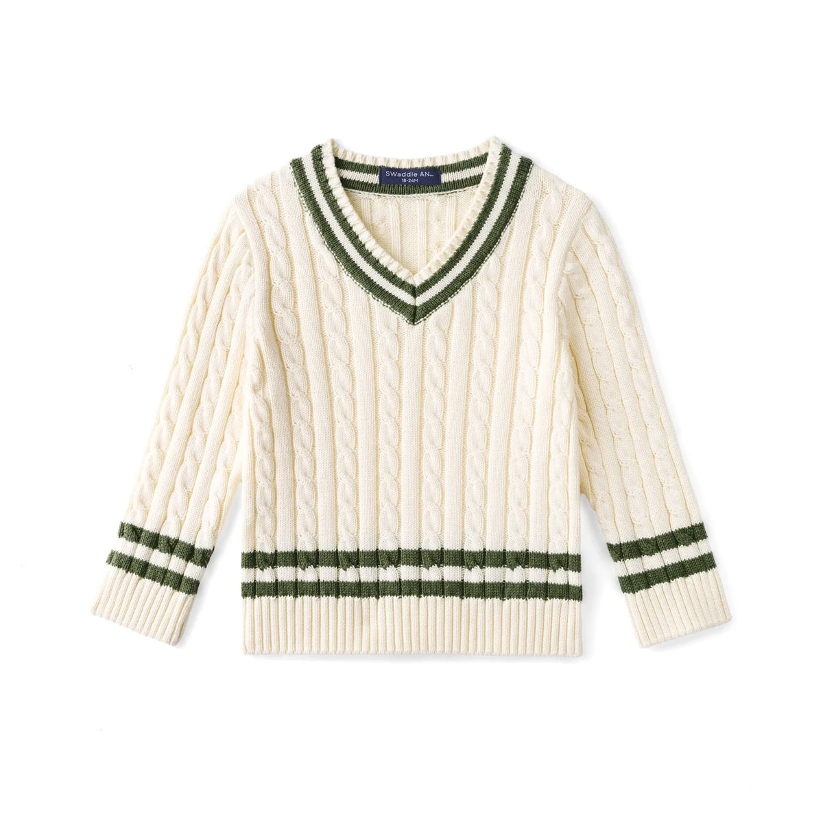 Kids cable knit cricket sweater in cream with green V-neck and striped cuffs/hem