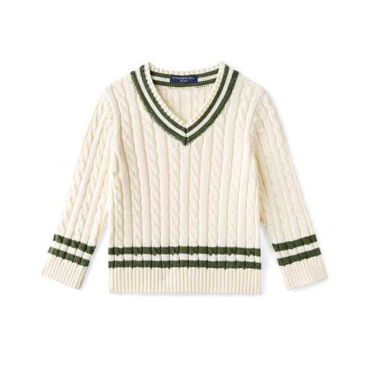 Kids cable knit cricket sweater in cream with green V-neck and striped cuffs/hem