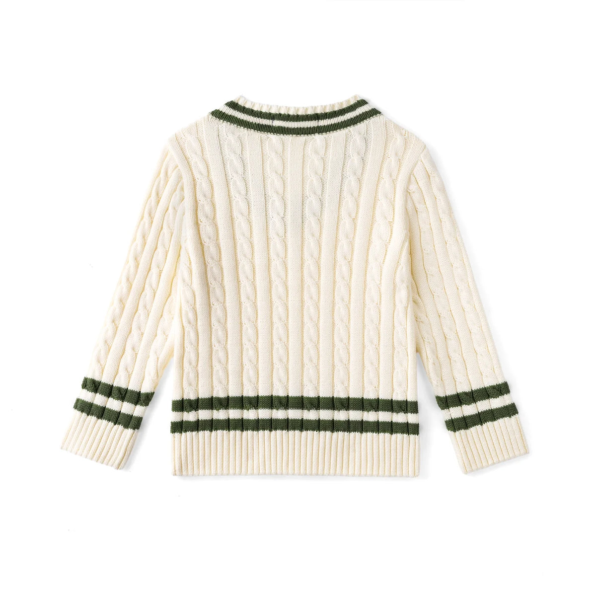 Kids cable knit cricket sweater, back view in cream with green stripe at hem