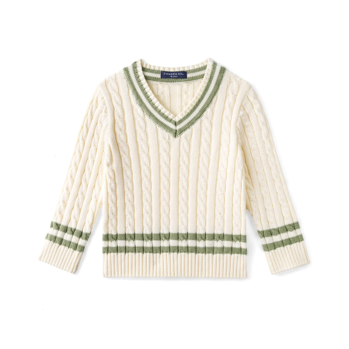 Kids cable knit cricket sweater in cream with green V-neck and green striped details