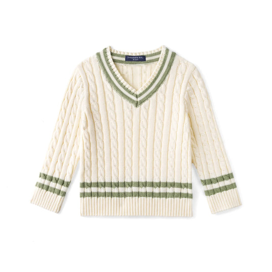 Kids cable knit cricket sweater in cream with green V-neck and green striped details