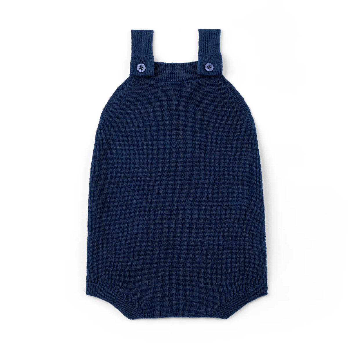 Navy knit baby romper with overall straps and two button placket