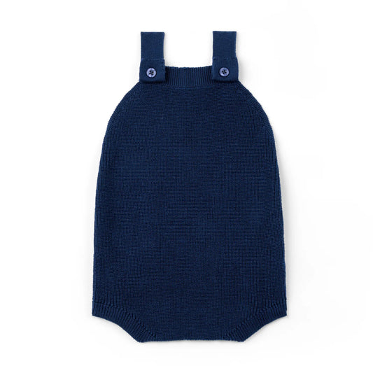 Navy knit baby romper with overall straps and two button placket