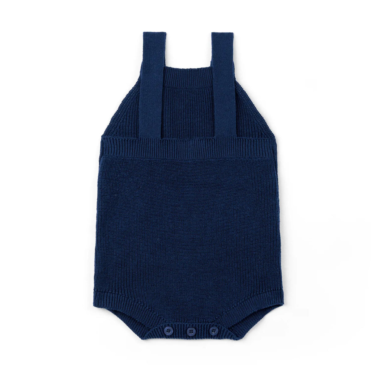 Navy knit baby romper with button straps and ribbed waist