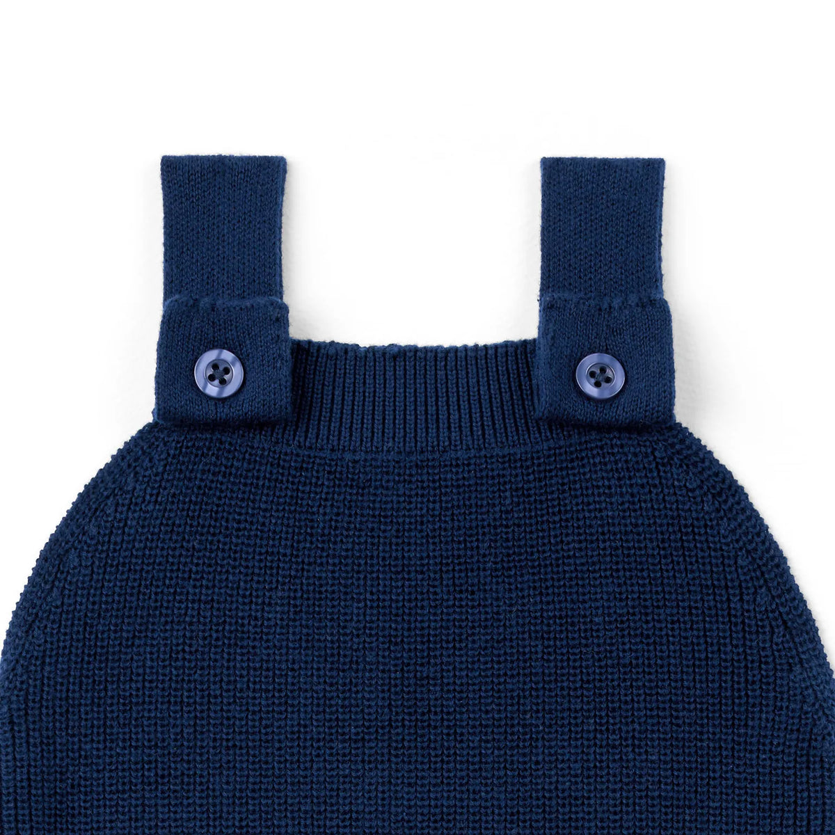 Navy knit romper neckline with ribbed straps and round button placket
