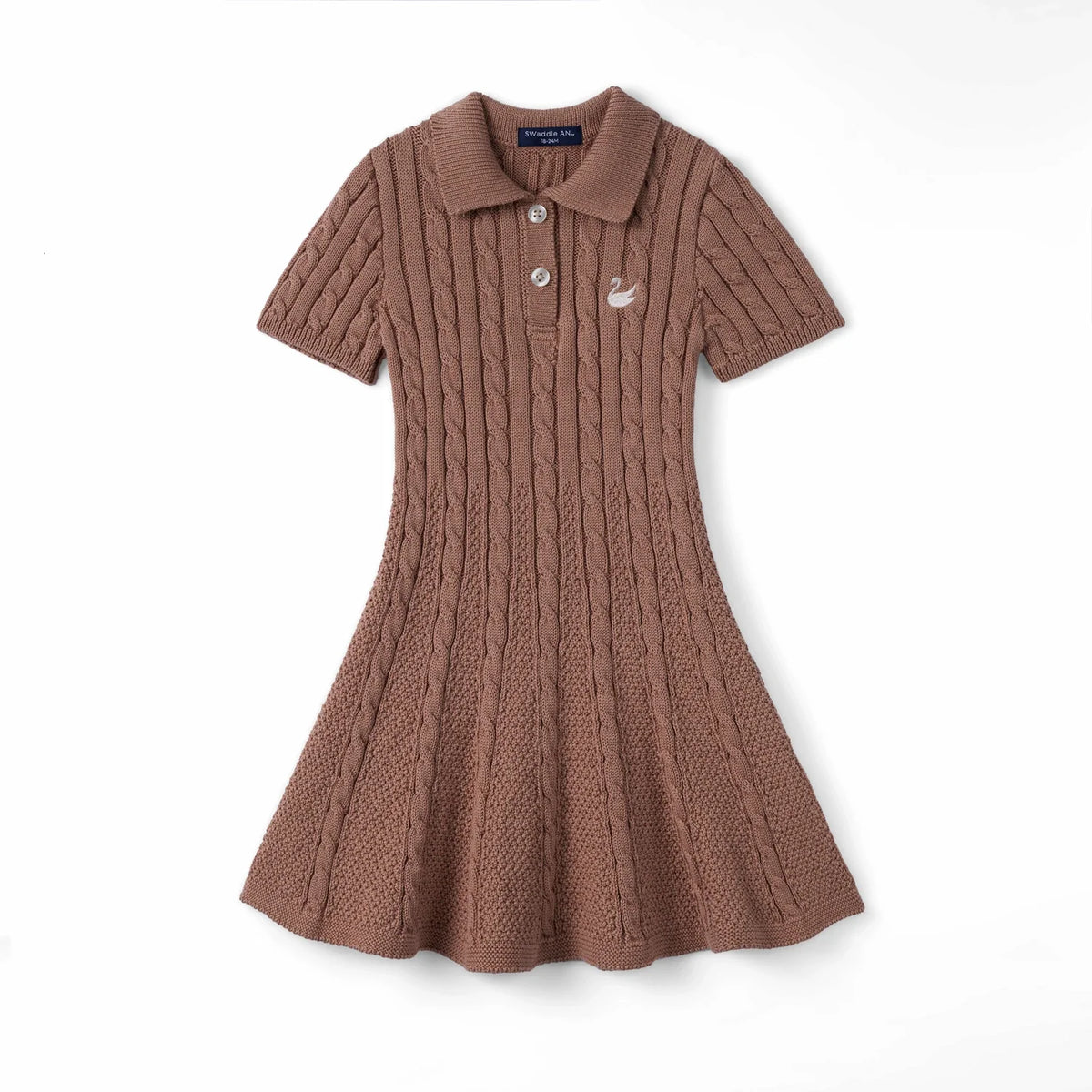 Mocha cable-knit polo dress with short sleeves, button placket, and flared skirt