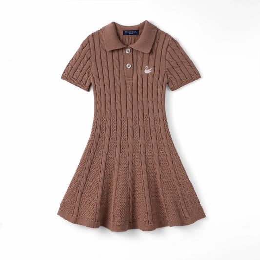 Mocha cable-knit polo dress with short sleeves, button placket, and flared skirt