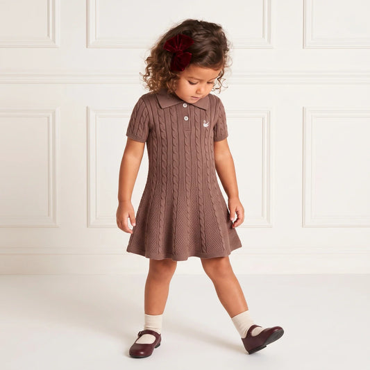 Mocha cable-knit polo dress on a child, short sleeves and flared A-line skirt