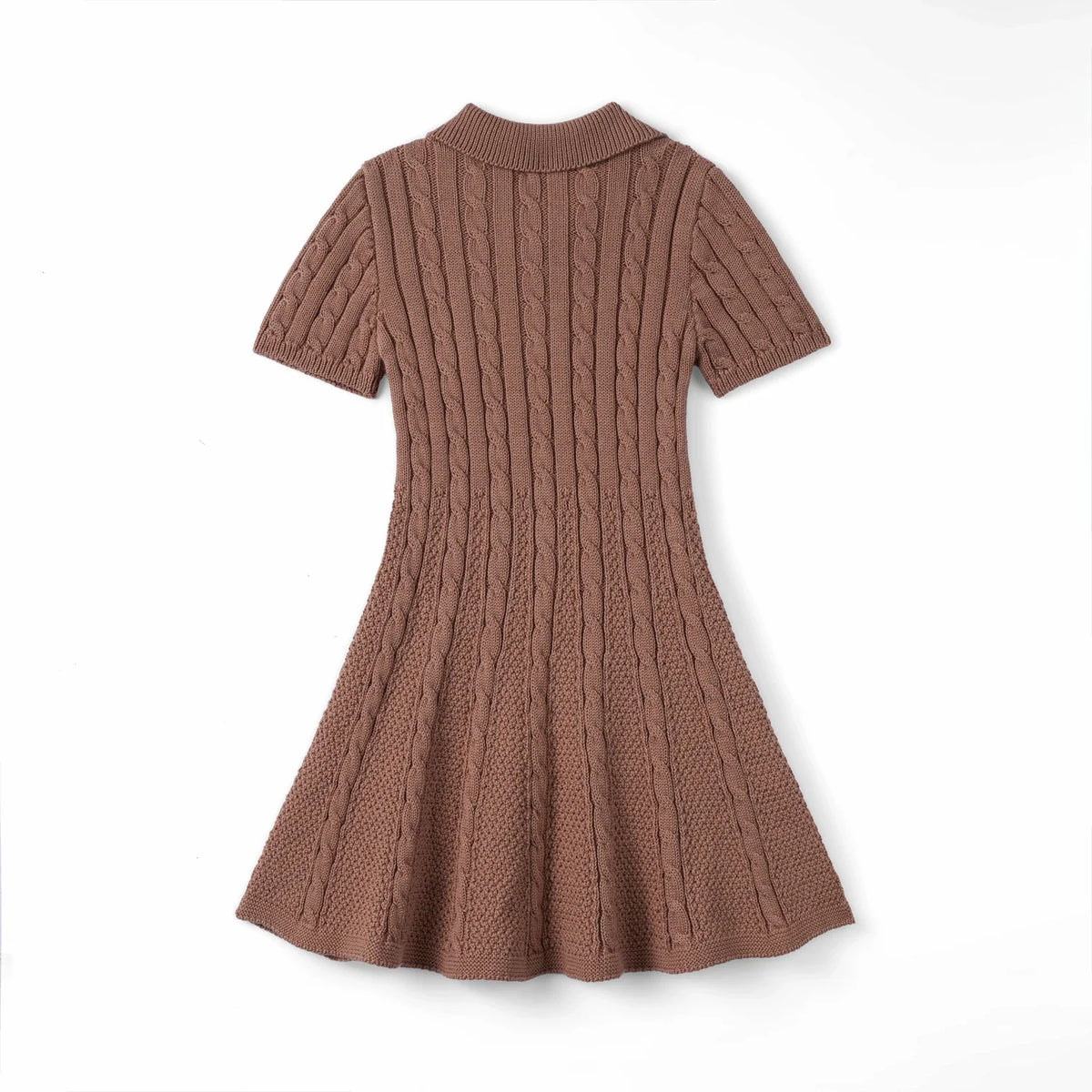 Mocha cable-knit polo dress with ribbed collar and button front, back view