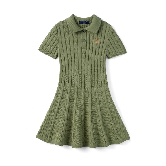 Sage green cable-knit polo dress with short sleeves, button placket, and flared skirt