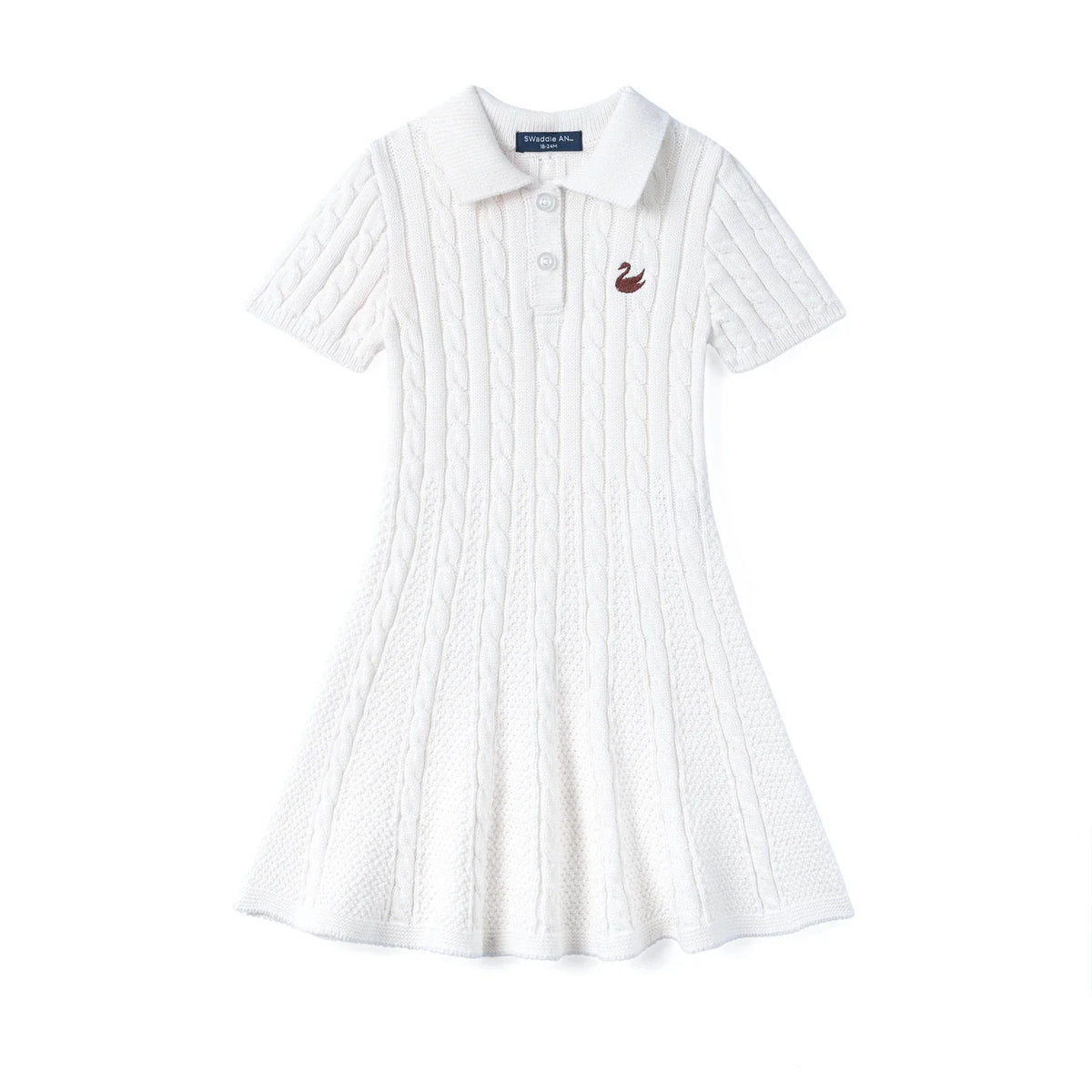 White cable-knit polo dress with short sleeves, button placket, and chest emblem.
