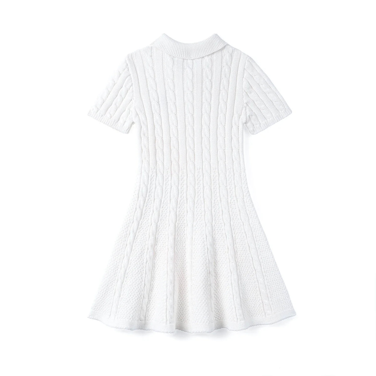 White cable-knit polo dress with short sleeves and a flared skirt hem.