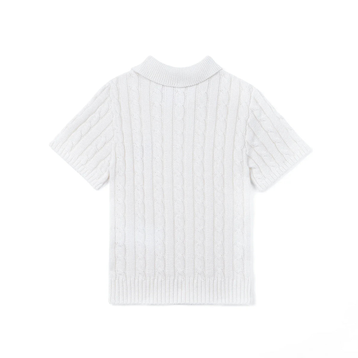 White cable-knit polo sweater with short sleeves and collared button placket