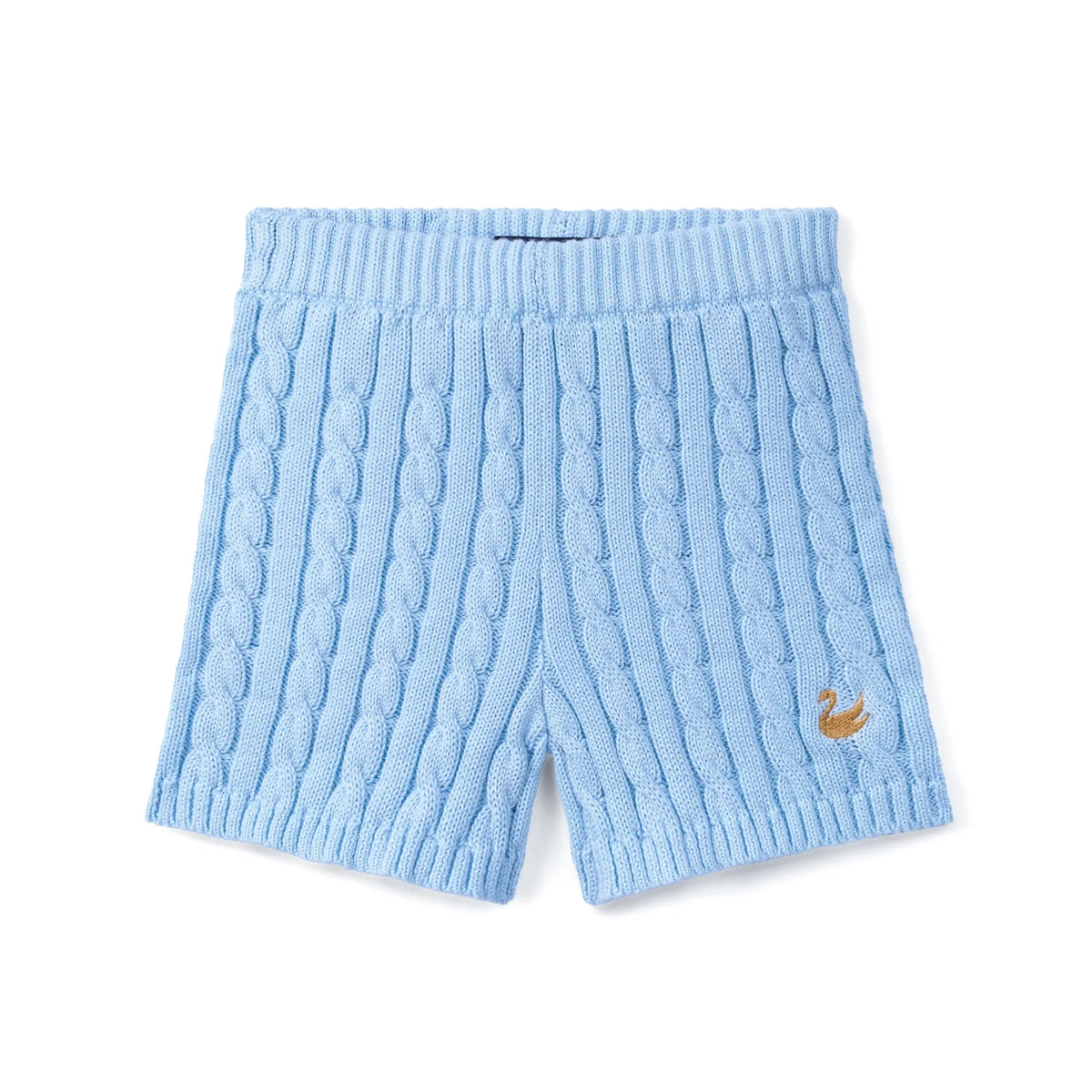 Baby blue cable-knit baby shorts with ribbed elastic waistband