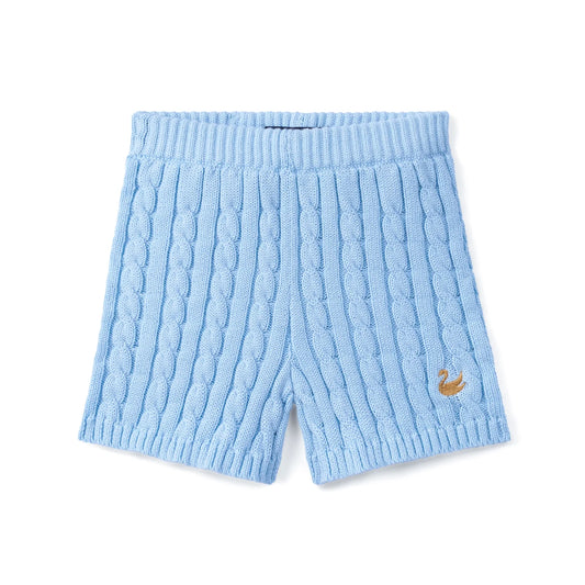 Baby blue cable-knit baby shorts with ribbed elastic waistband