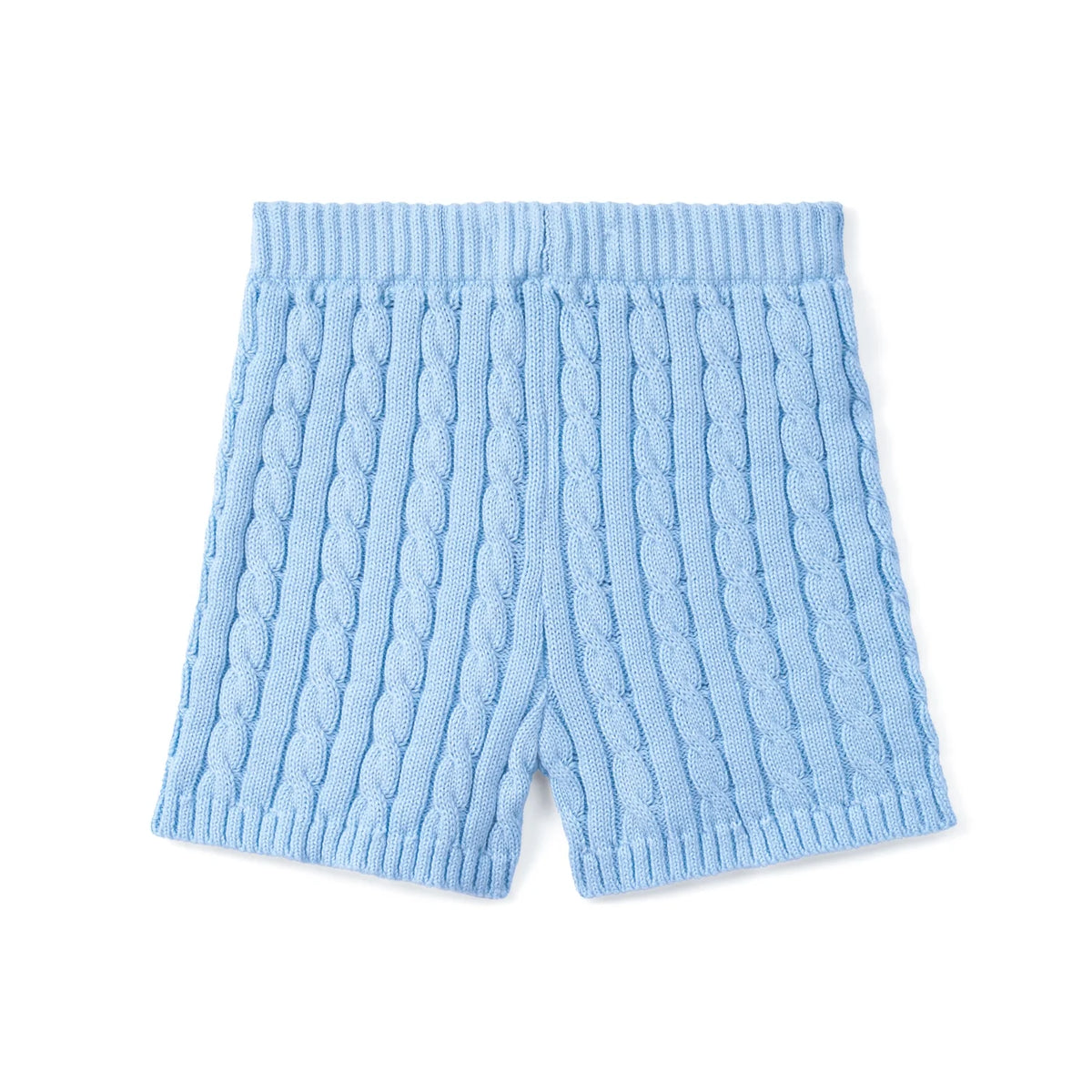 Baby blue cable-knit baby shorts with ribbed elastic waistband