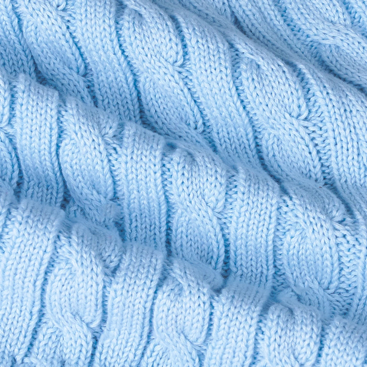 Baby blue cable-knit fabric close-up with textured knit pattern