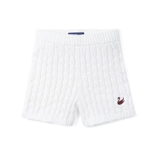 White cable-knit shorts with ribbed elastic waistband and embroidered logo on side.
