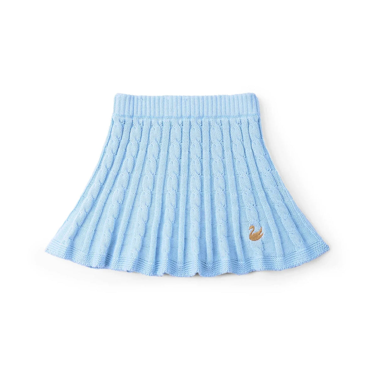 Baby blue cable knit skirt with ribbed waistband and flared A-line hem