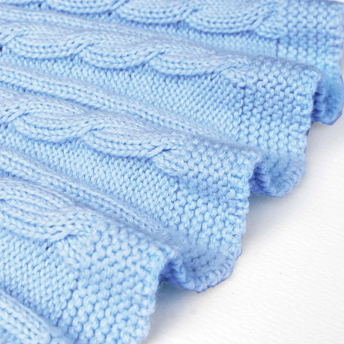 Baby blue cable knit skirt with ribbed hem edge and textured knit finish