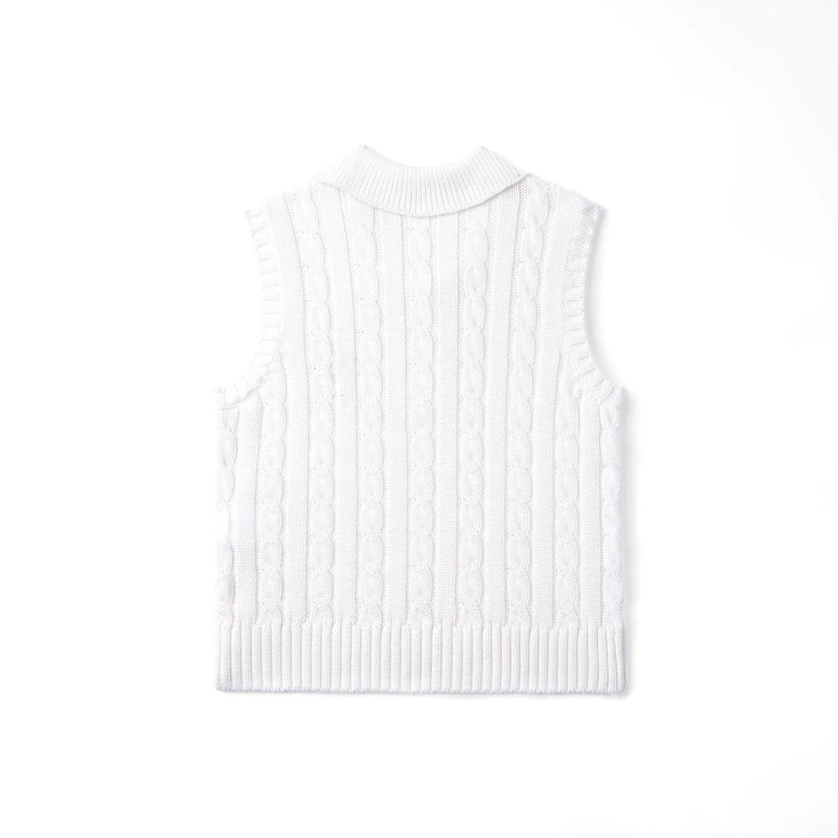 White cable-knit sleeveless polo shirt, sleeveless knit back with ribbed collar