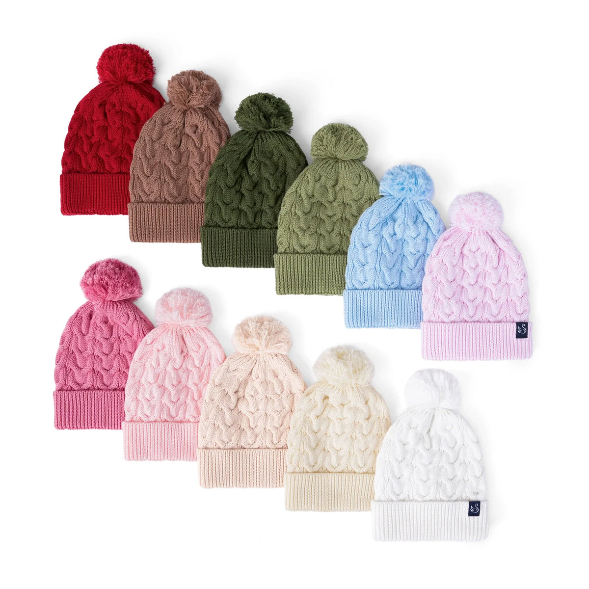 Pom pom beanie assortment in red, pink, blue, green, and white