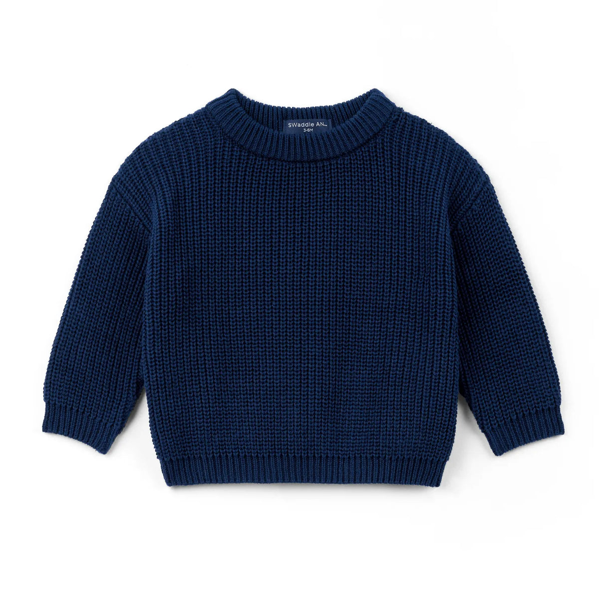 Classic knit baby sweater in navy with crew neckline and ribbed cuffs and hem