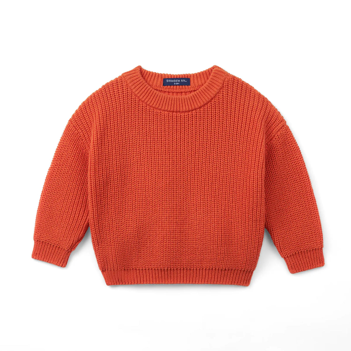 Orange rust knit baby crewneck sweater with ribbed cuffs and hem