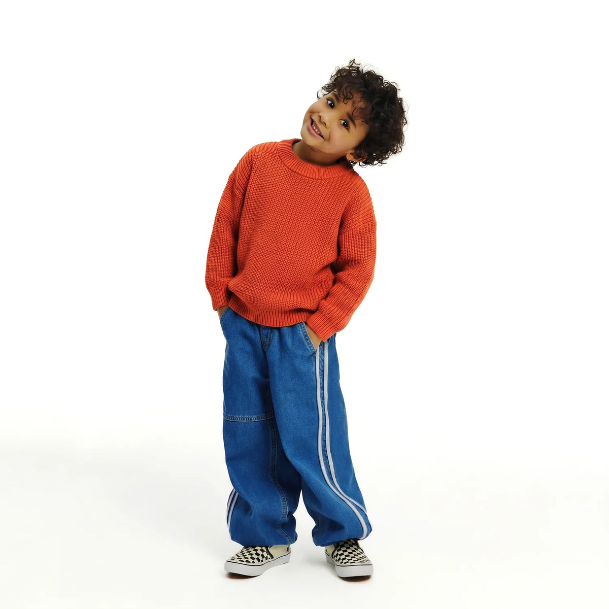 Orange rust knit baby crewneck sweater with ribbed cuffs and hem