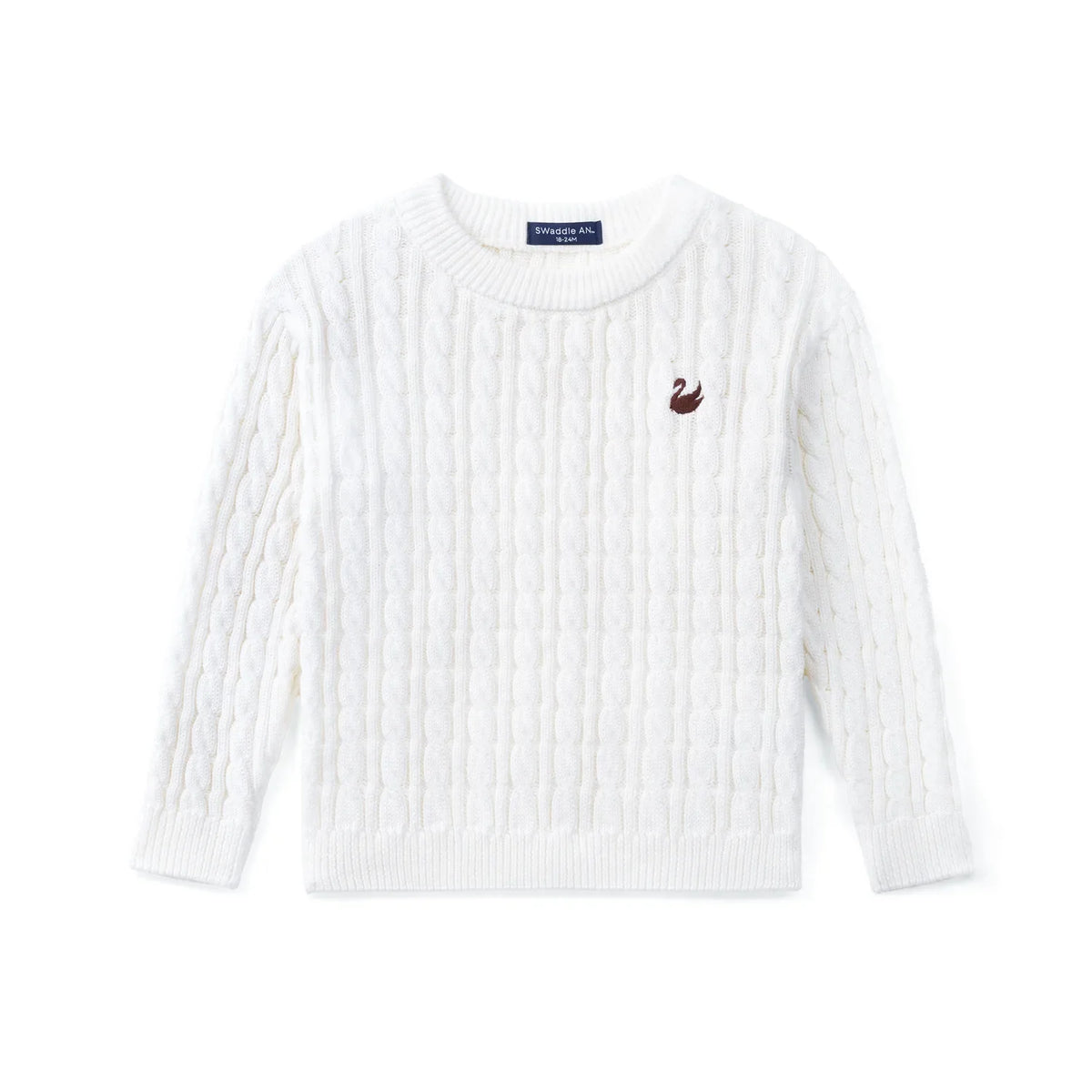 White cable knit baby sweater with crew neck and long sleeves