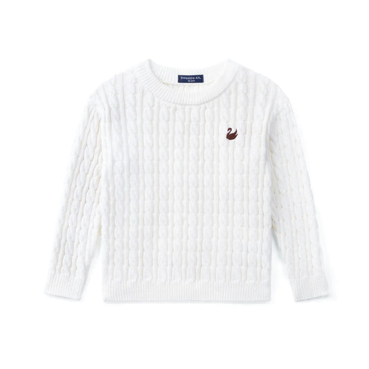 White cable knit baby sweater with crew neck and long sleeves