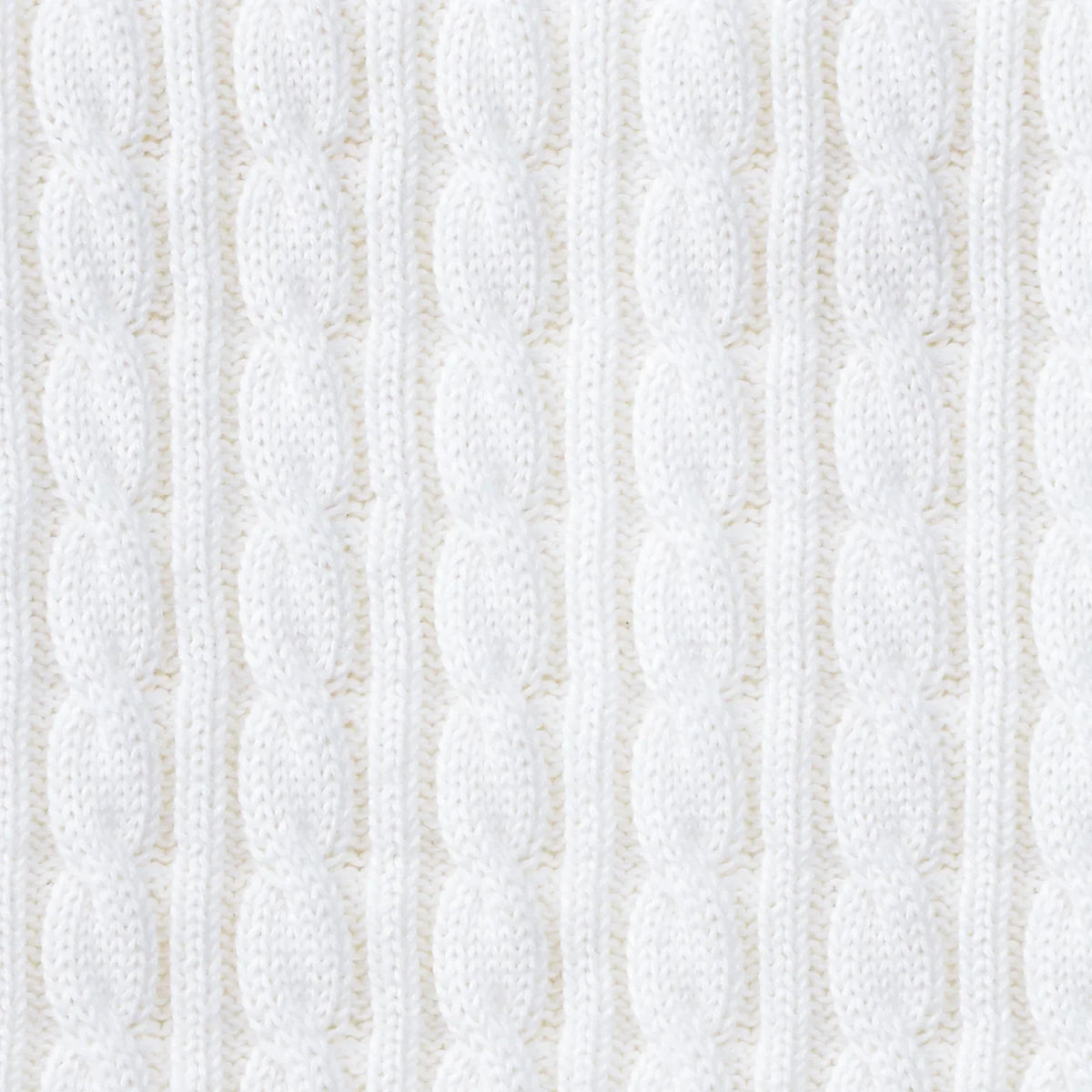 Close-up of white cable knit pattern on baby sweater fabric