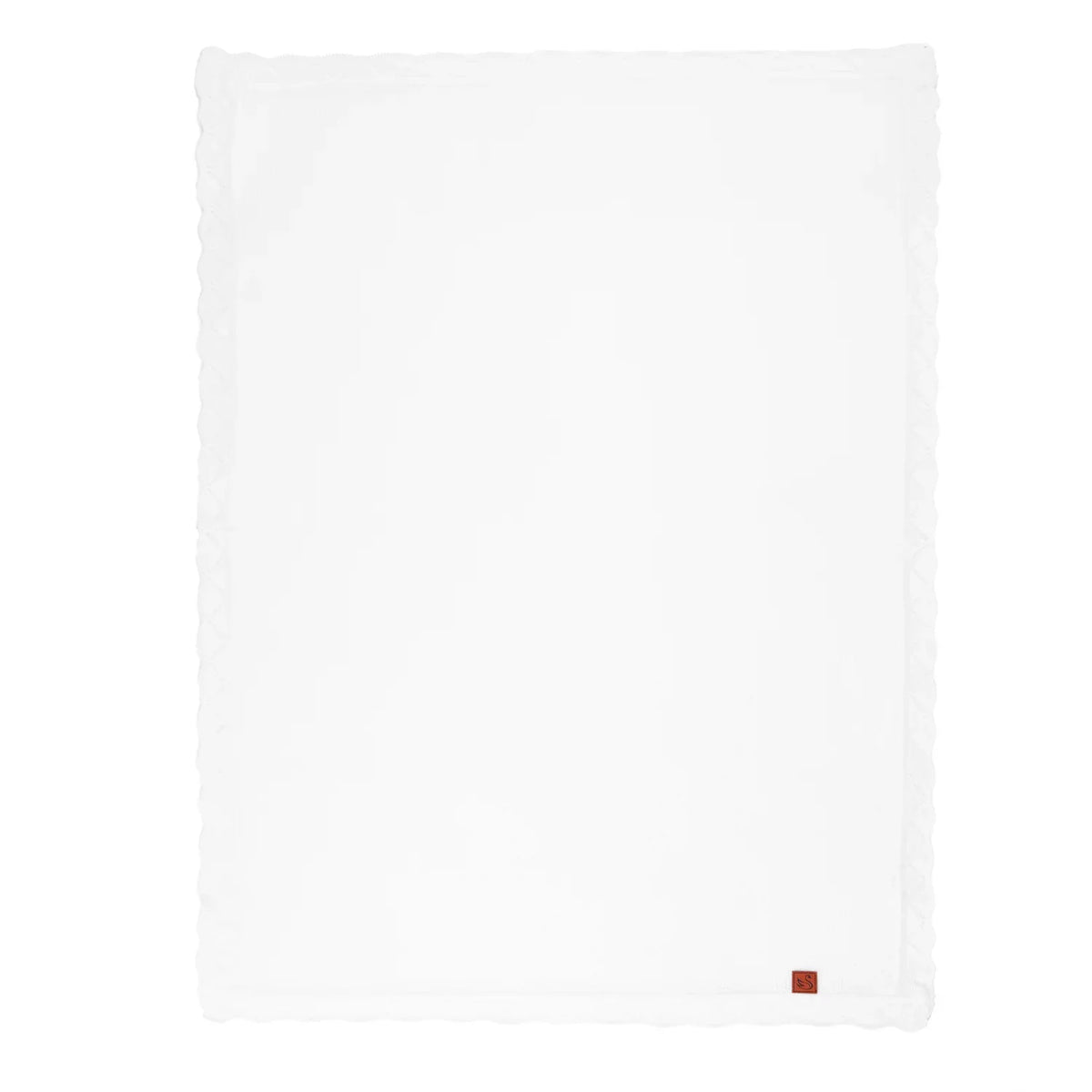 Heirloom lace knit baby blanket in white, flat with textured lace border