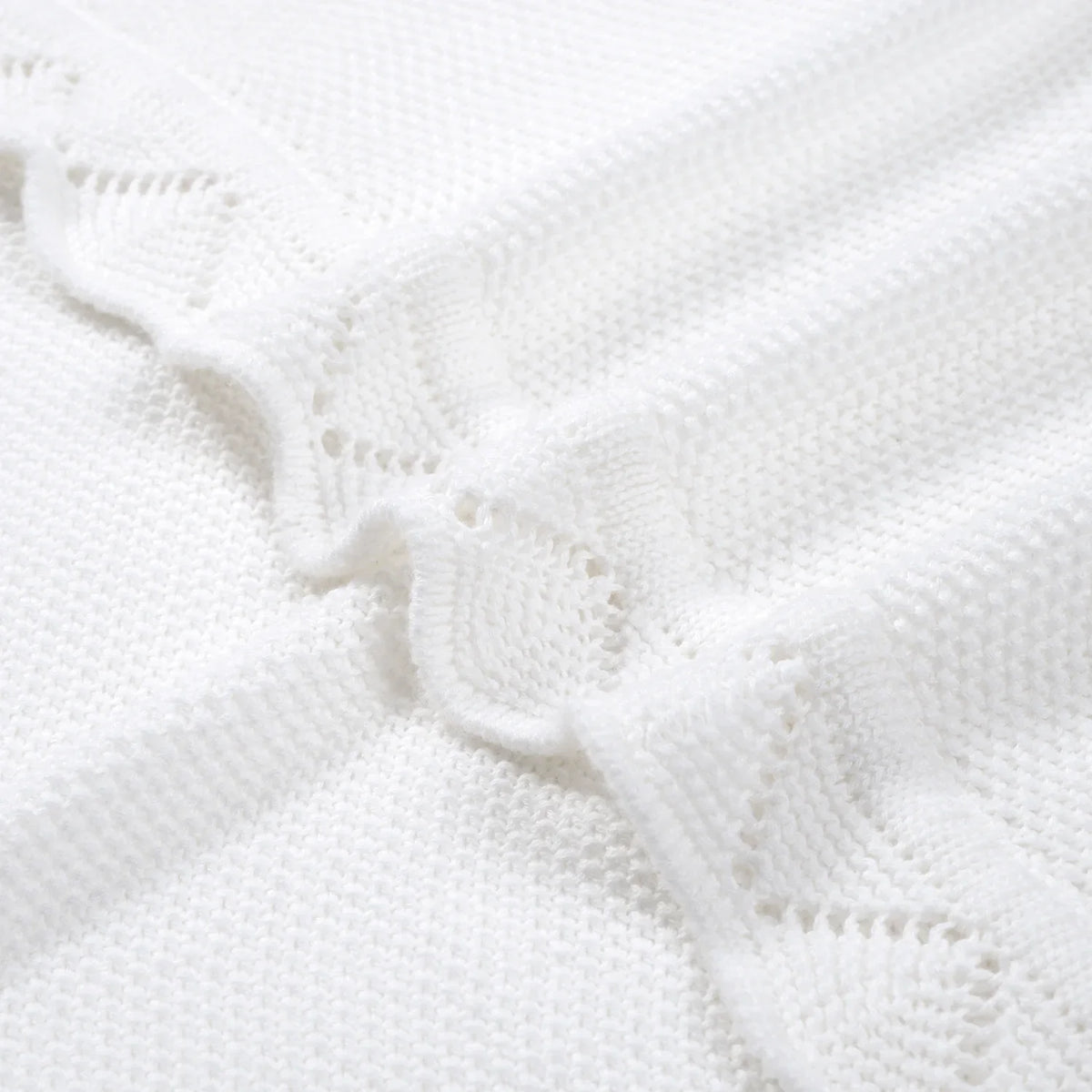 Heirloom lace knit baby blanket, close-up of white textured knit and lace stitching
