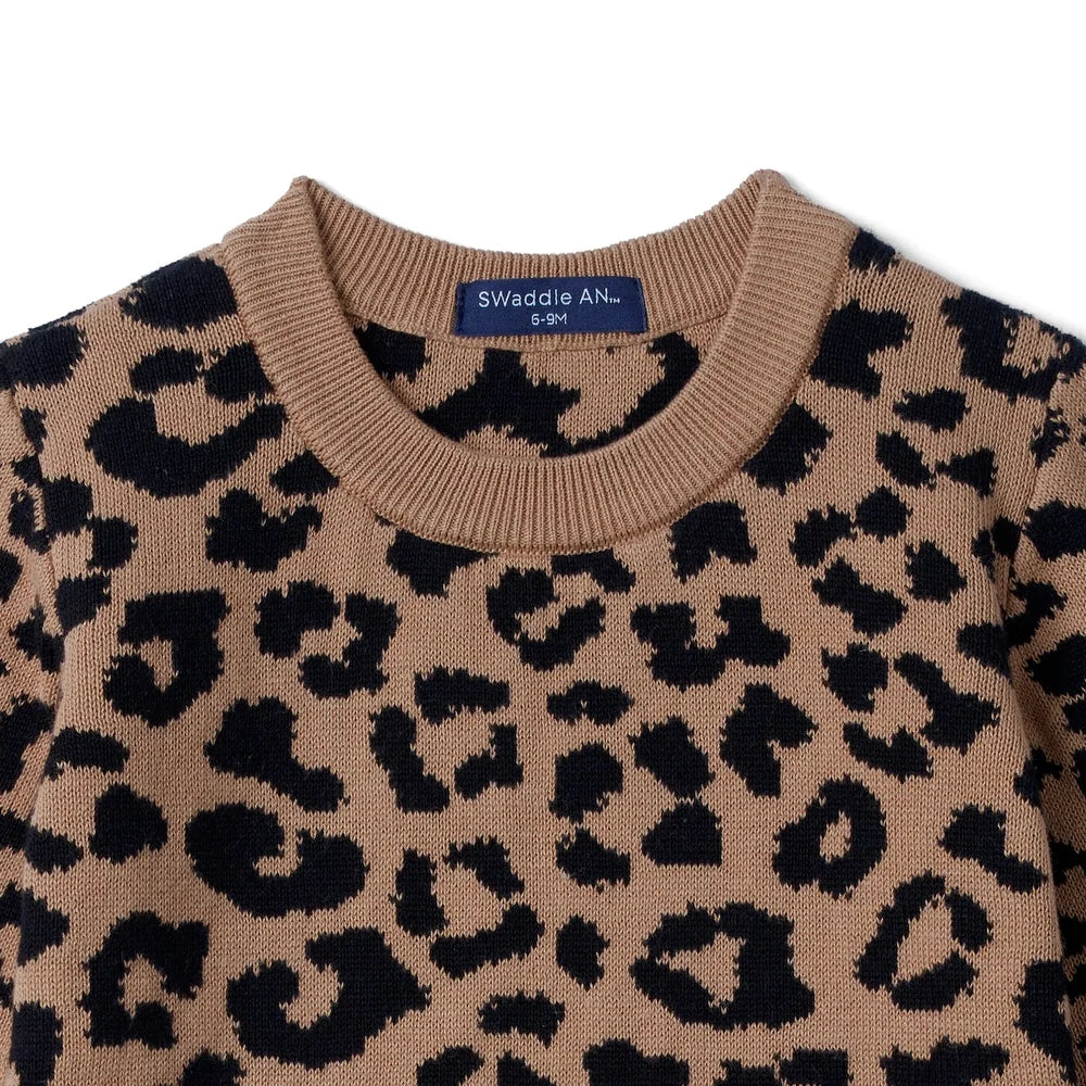 Leopard print knit romper neckline and long sleeves, ribbed collar and cuffs