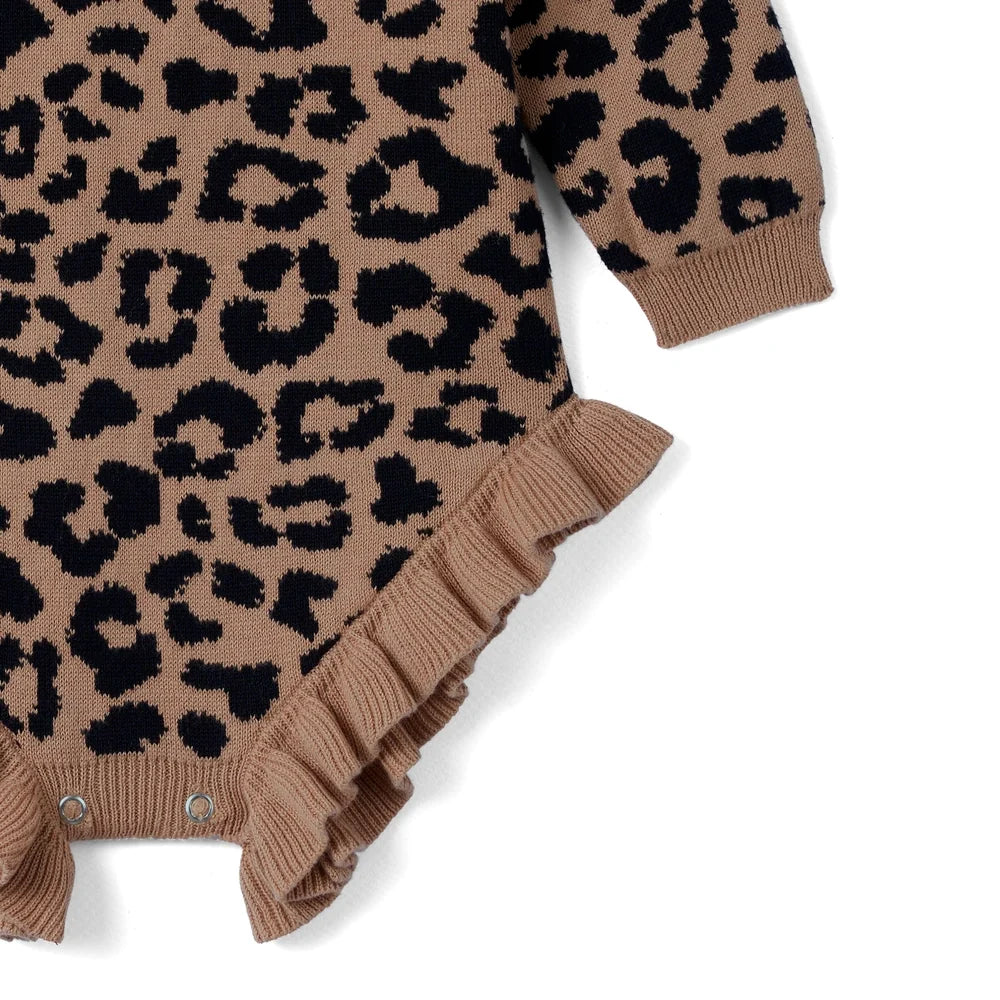 Leopard print knit romper leg with snap crotch opening and ruffled hem
