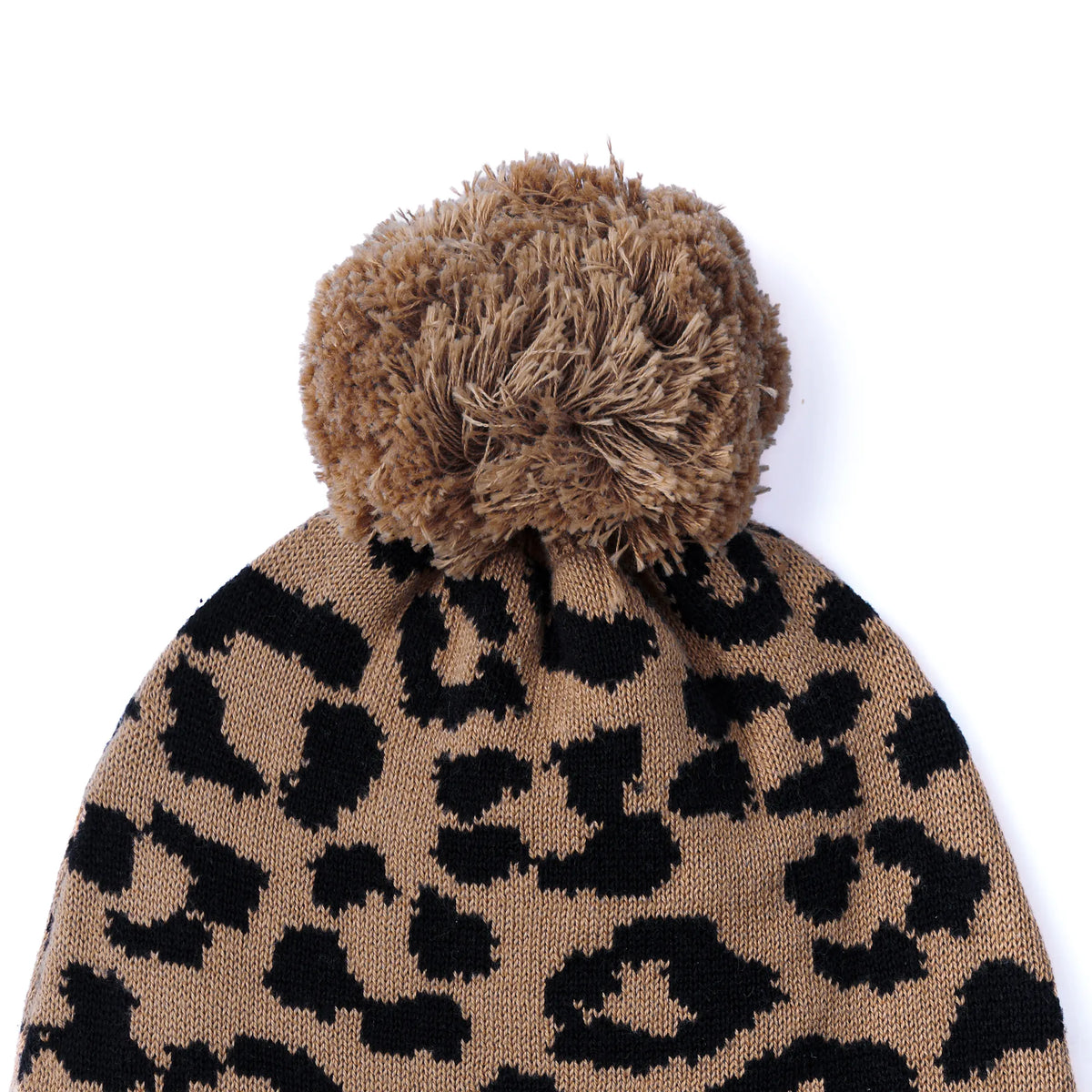 Leopard-pattern knit baby beanie with large brown pom-pom