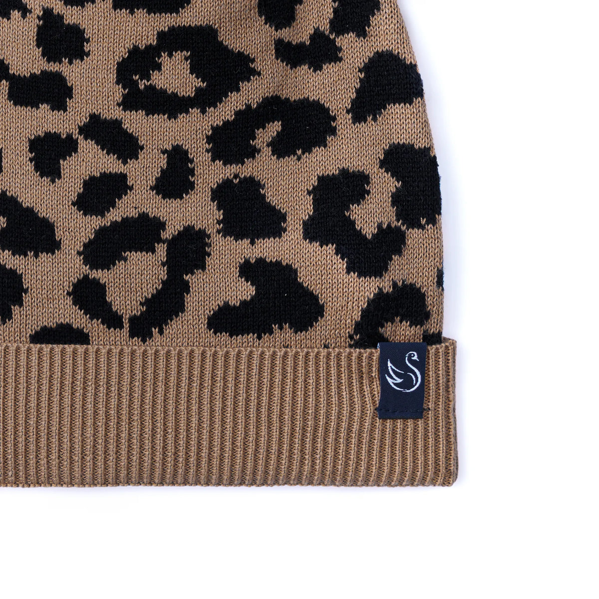 Leopard knit beanie with ribbed cuff and stitched logo patch