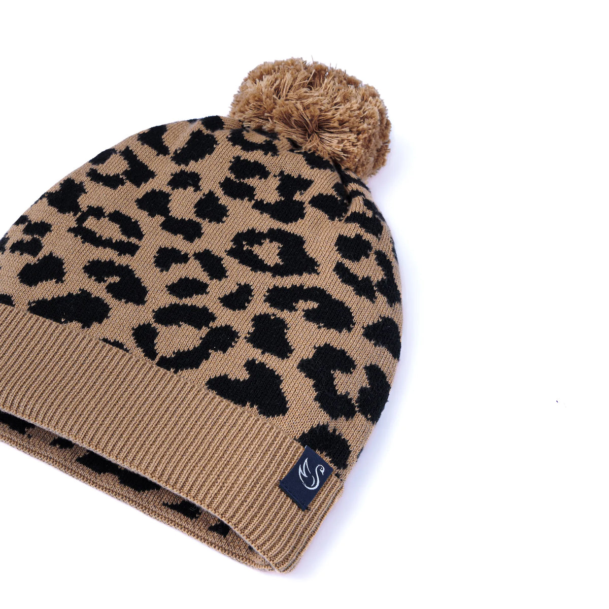 Leopard print knit baby beanie with brown pom-pom and folded brim