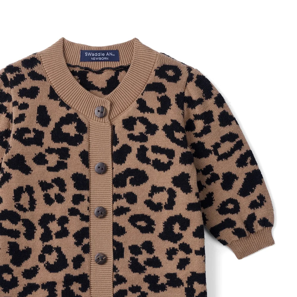 Leopard knit baby romper with long sleeves and button-down front