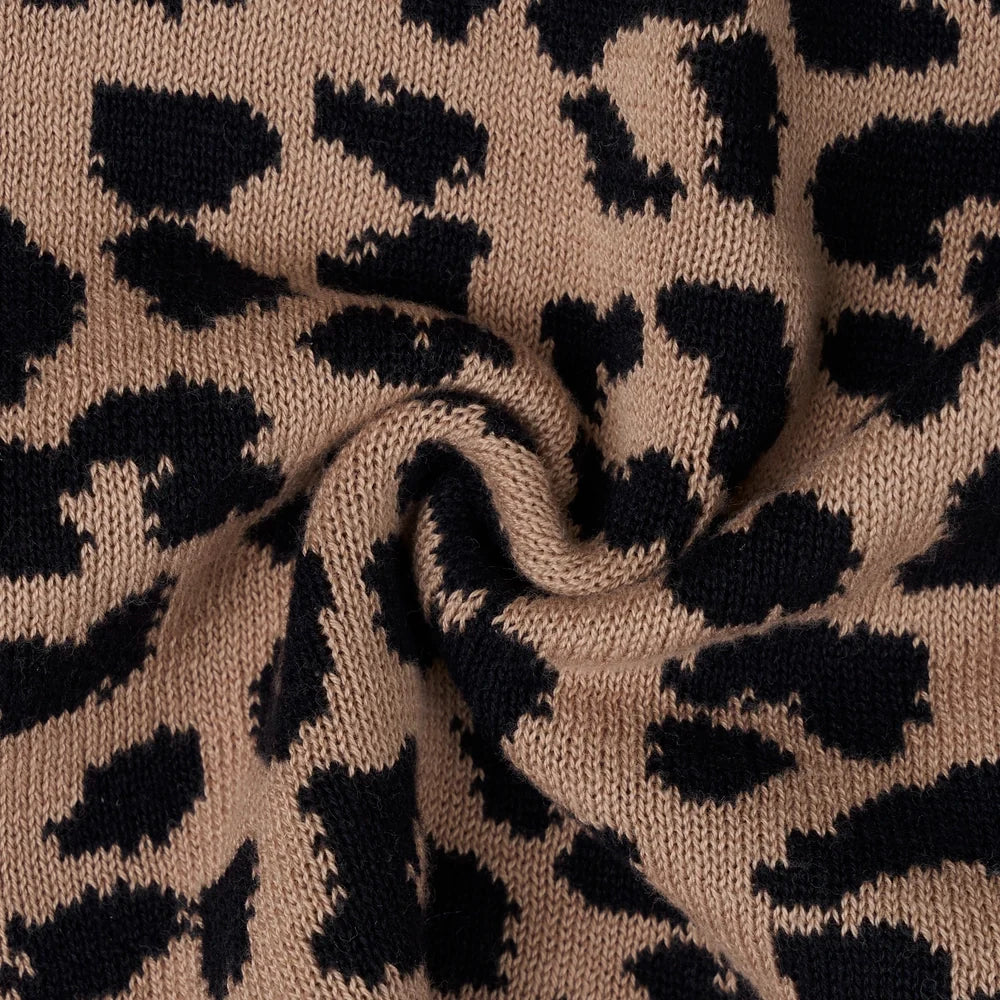 Leopard knit fabric with all-over spotted pattern and soft texture