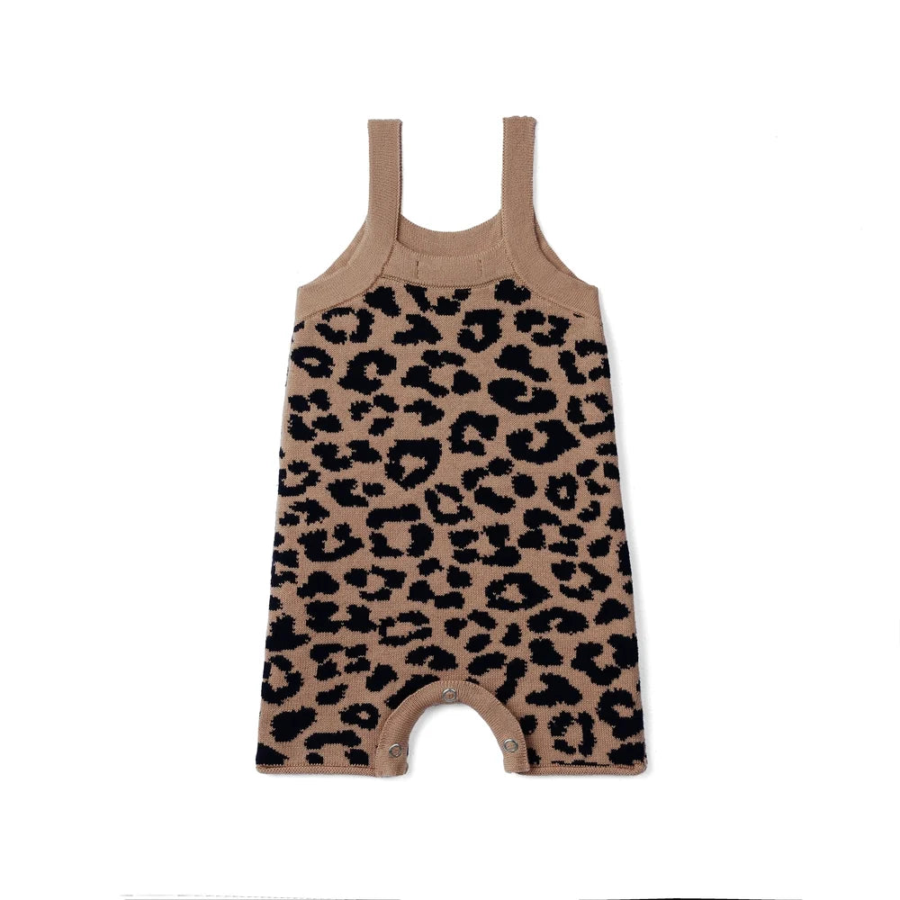 Beige leopard print baby knit playsuit with snap panel and tank straps