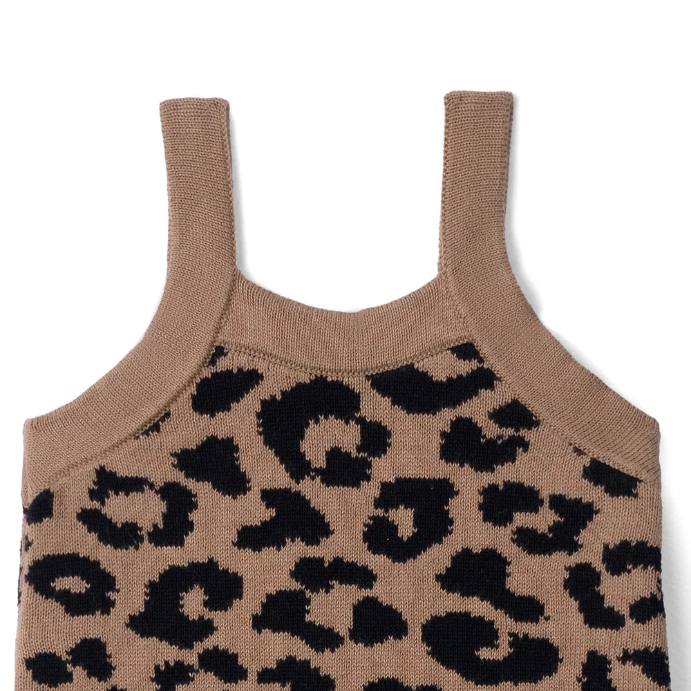 Beige leopard print knit playsuit with scoop neckline and tank straps