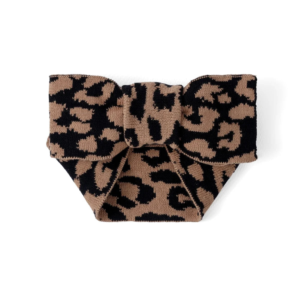 Leopard knitted topknot bow headband, oversized bow on elastic band
