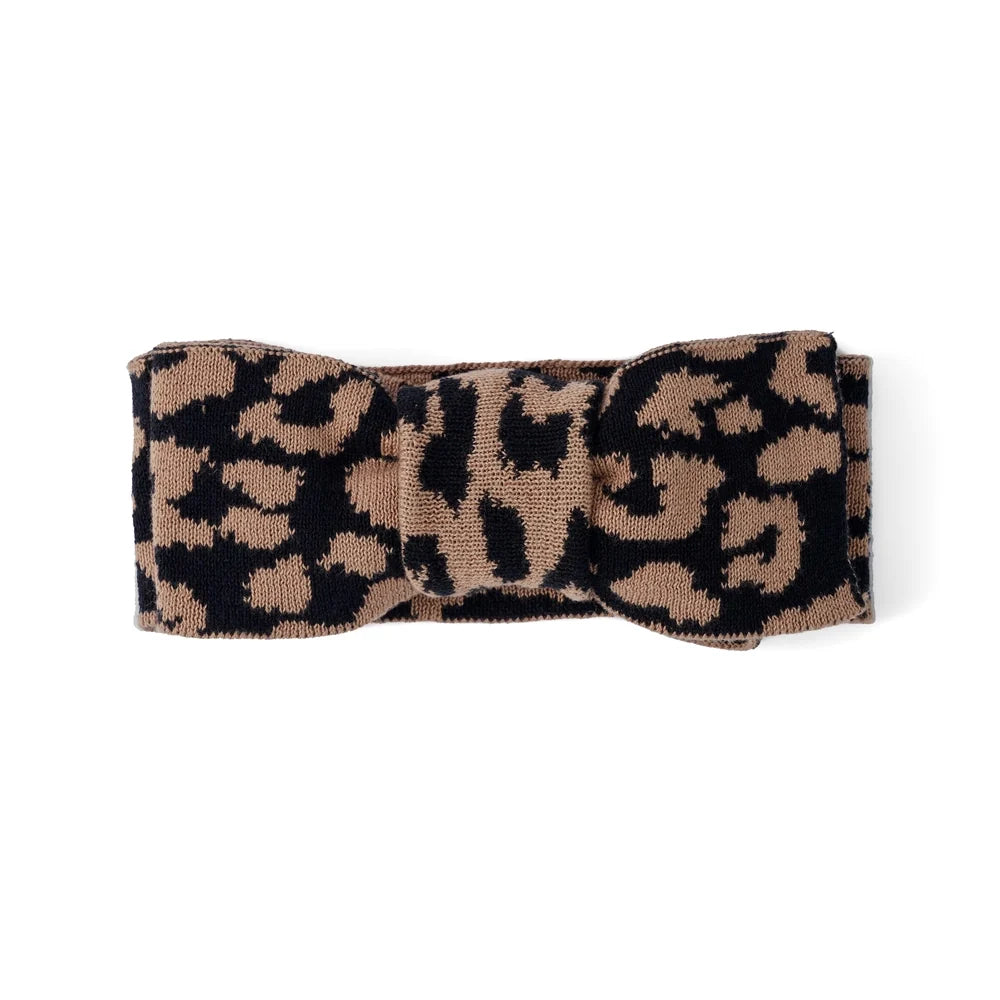 Leopard knitted topknot bow headband, centered bow detail