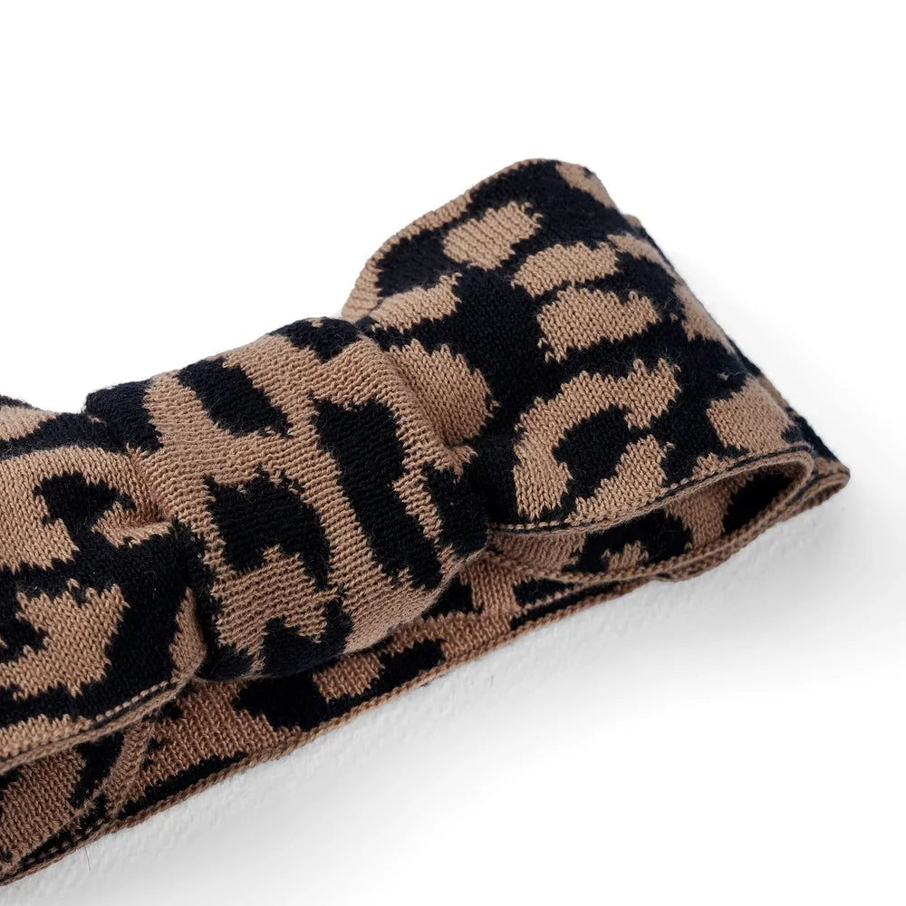 Leopard knitted topknot bow headband with textured knit and layered bow