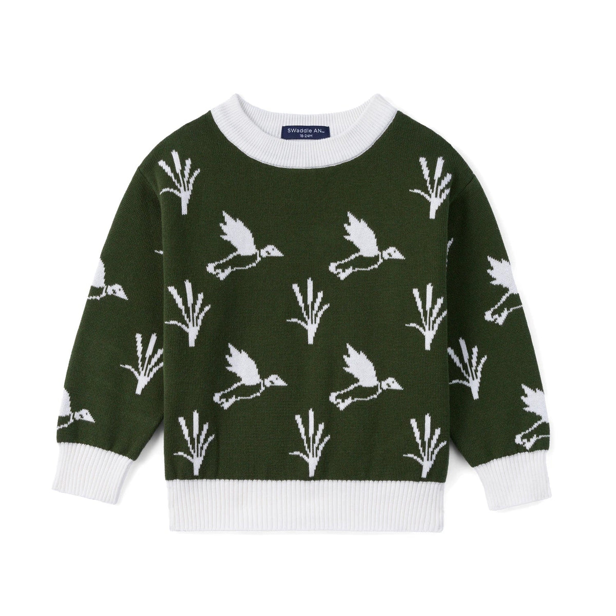 Kids dark green knit crewneck sweater with white duck and plant pattern, ribbed cuffs