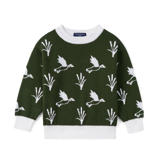 Kids dark green knit crewneck sweater with white duck and plant pattern, ribbed cuffs