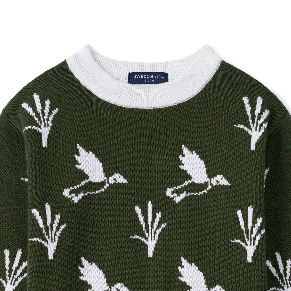 Kids dark green knit crewneck sweater with white duck and plant pattern, ribbed collar